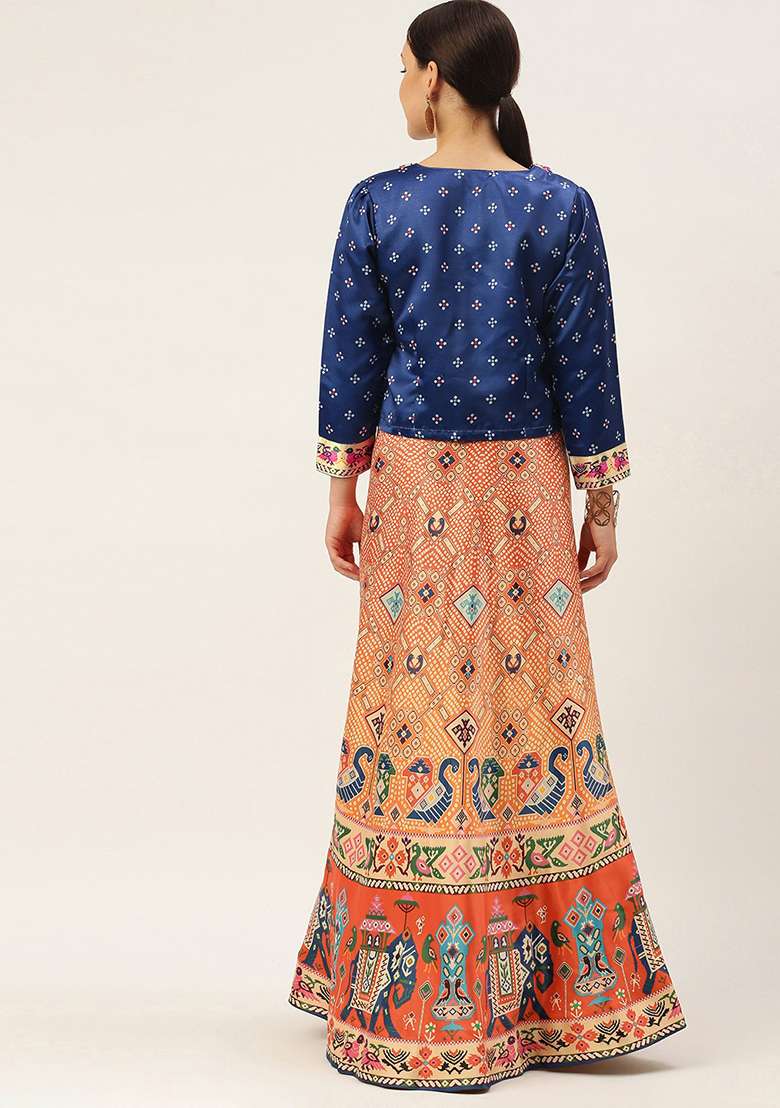 Navy Blue Digital Print Satin Silk Blend Lehenga Set for Diwali and Festive Wear - Indya