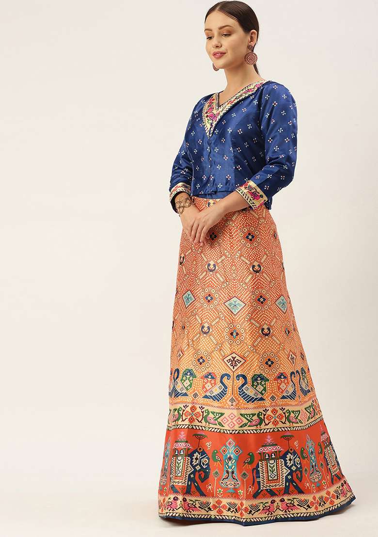 Navy Blue Digital Print Satin Silk Blend Lehenga Set for Diwali and Festive Wear - Indya