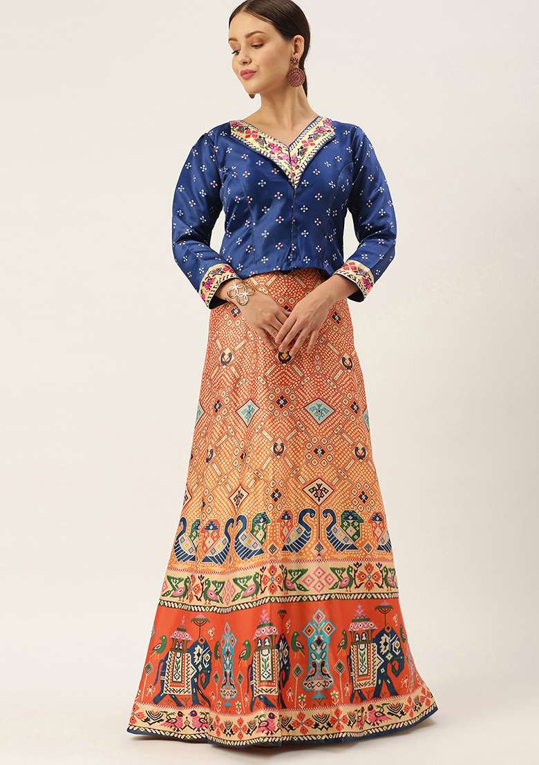 Navy Blue Digital Print Satin Silk Blend Lehenga Set for Diwali and Festive Wear - Indya