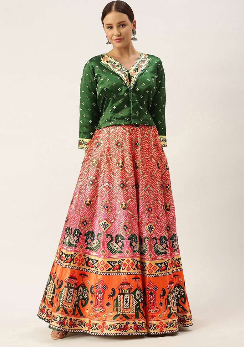 Bottle Green Digital Print Satin Silk Blend Lehenga Set for Diwali and Festive Wear - Indya