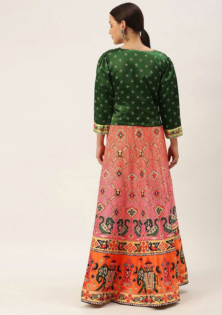 Bottle Green Digital Print Satin Silk Blend Lehenga Set for Diwali and Festive Wear - Indya