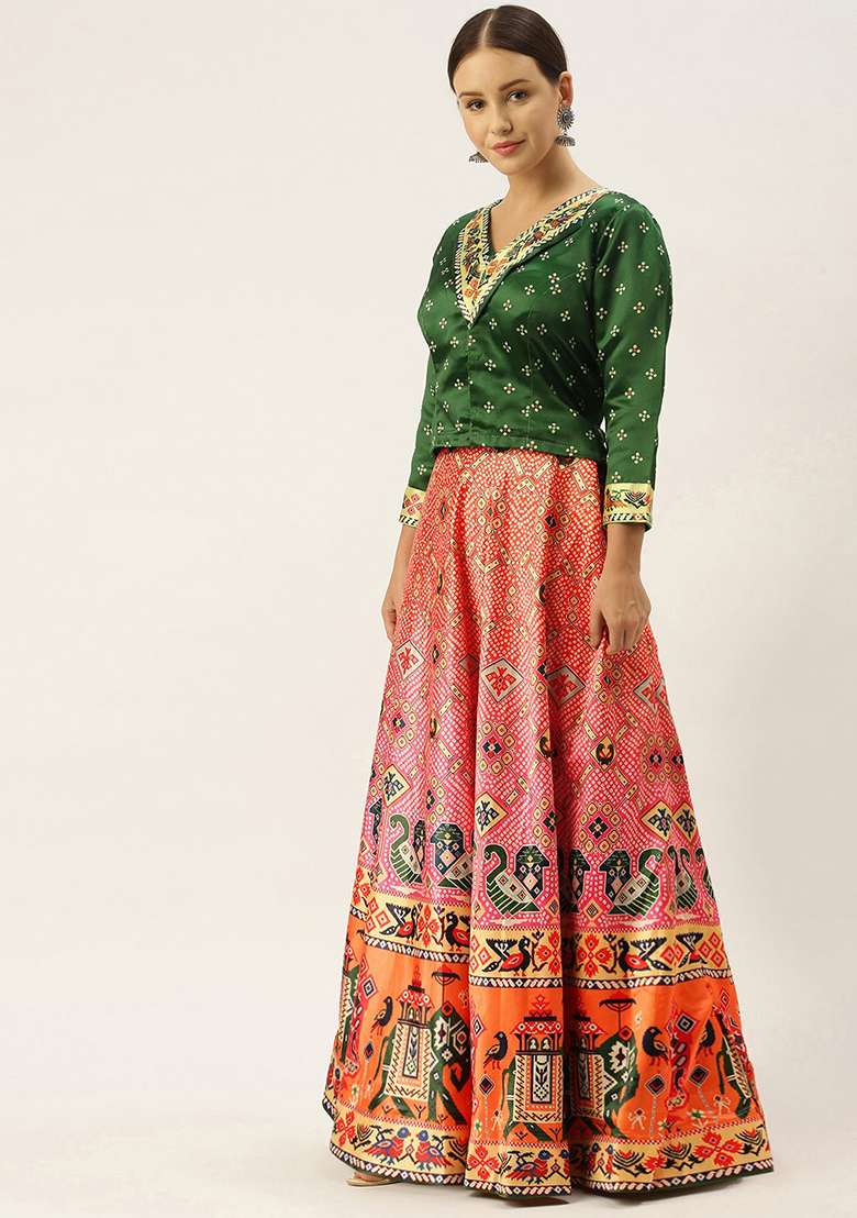 Bottle Green Digital Print Satin Silk Blend Lehenga Set for Diwali and Festive Wear - Indya