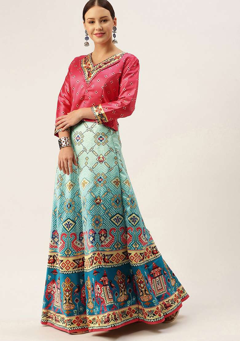 Crimson Pink Blend Satin Silk Lehenga Set with Digital Print for Diwali | Wedding & Festive Wear - Indya
