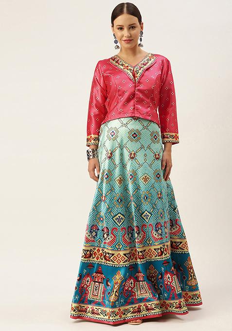 Crimson Pink Digital Print Satin Silk Lehenga Set