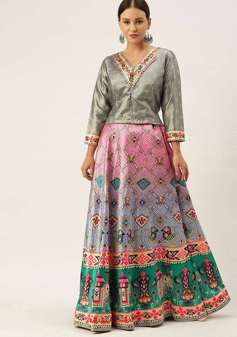 Grey Digital Print Silk Blend Lehenga Set for Diwali and Festive Wear - Indya