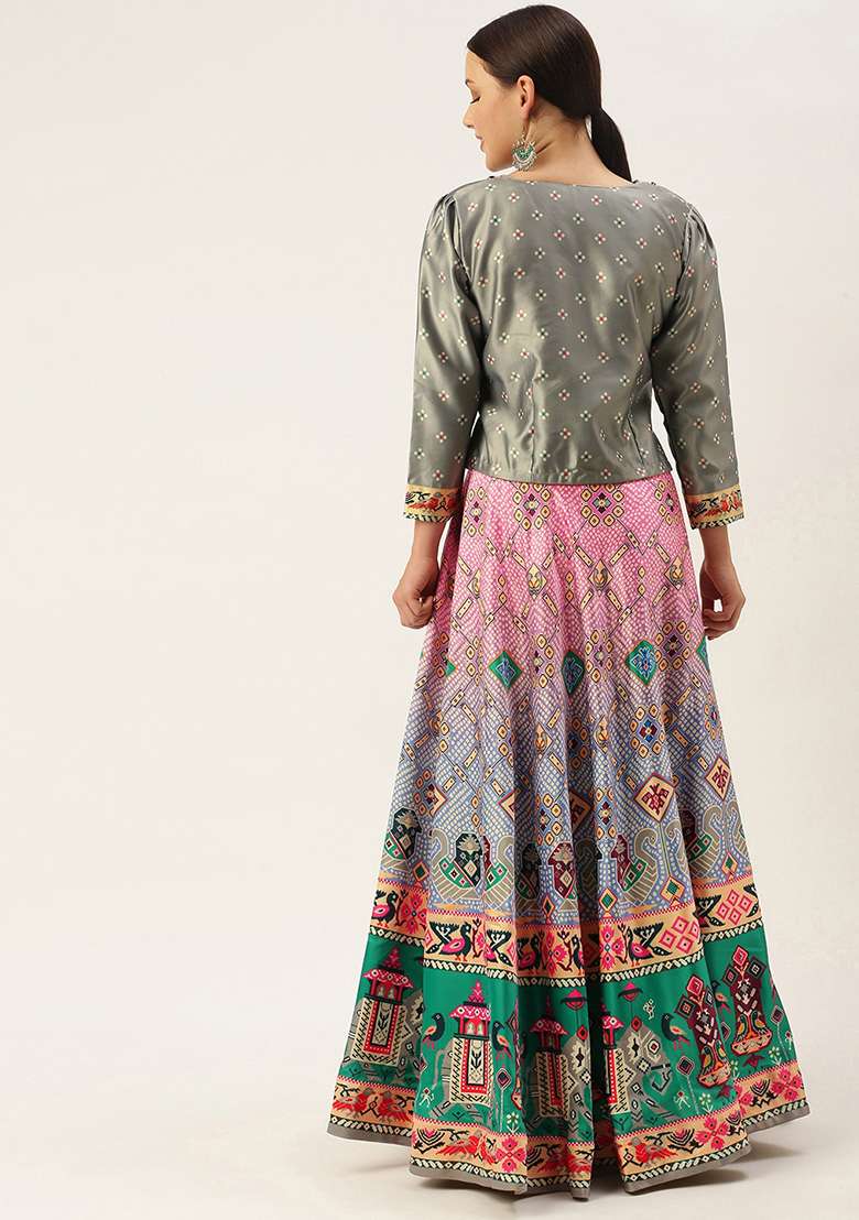 Grey Digital Print Silk Blend Lehenga Set for Diwali and Festive Wear - Indya