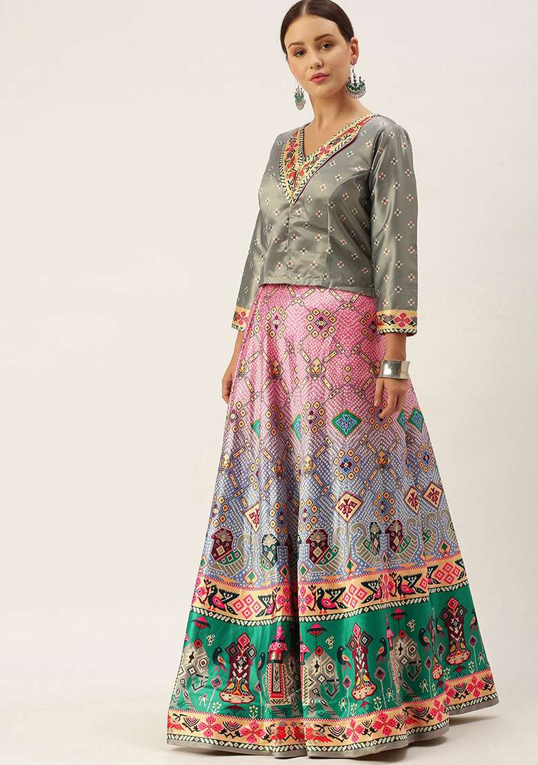 Grey Digital Print Silk Blend Lehenga Set for Diwali and Festive Wear - Indya