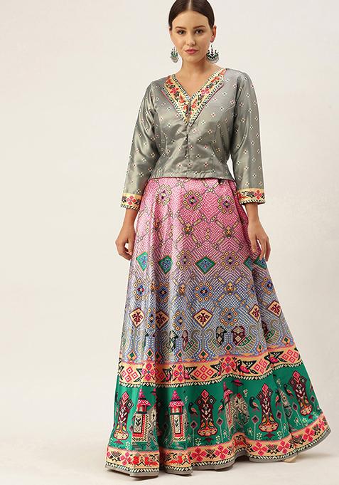 Grey Digital Print Silk Lehenga Set