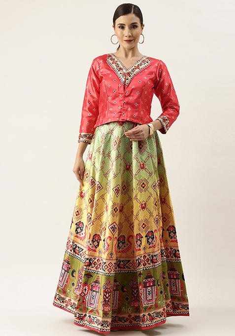 Gajari Digital Print Satin Silk Lehenga Set