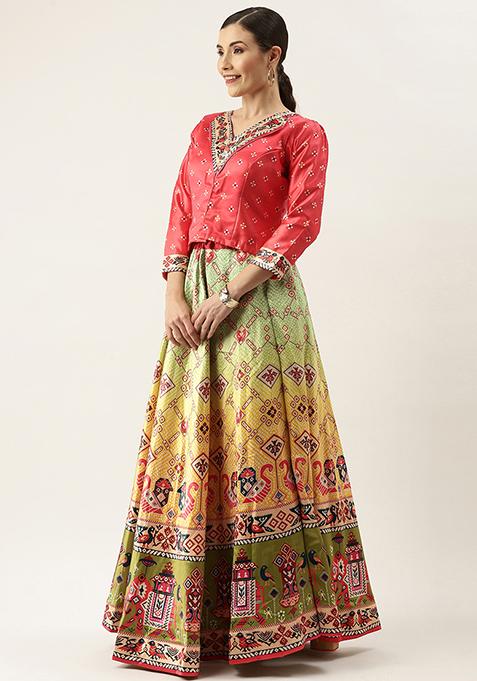 Gajari Digital Print Satin Silk Lehenga Set