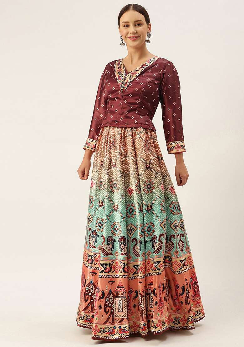 Wine Blend Satin Silk Lehenga Set with Digital Print for Diwali | Wedding & Festive Wear - Indya