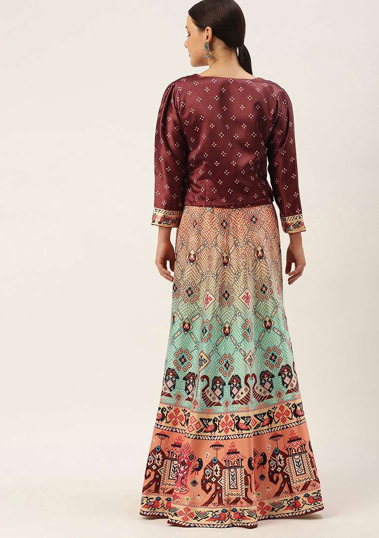 Wine Blend Satin Silk Lehenga Set with Digital Print for Diwali | Wedding & Festive Wear - Indya