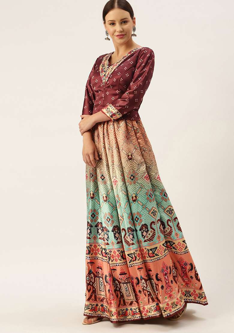 Wine Blend Satin Silk Lehenga Set with Digital Print for Diwali | Wedding & Festive Wear - Indya