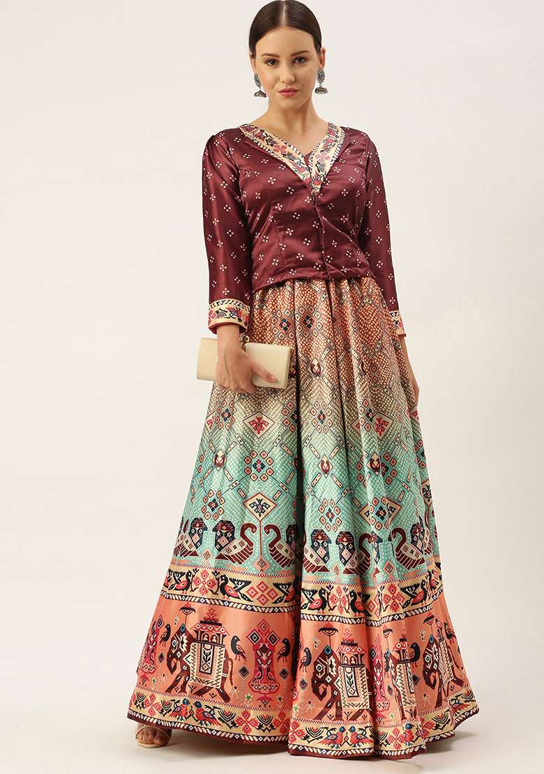 Wine Blend Satin Silk Lehenga Set with Digital Print for Diwali | Wedding & Festive Wear - Indya