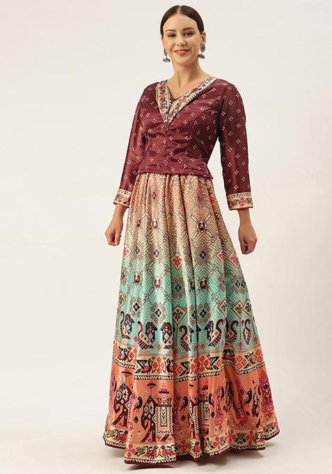 Wine Digital Print Satin Silk Lehenga Set