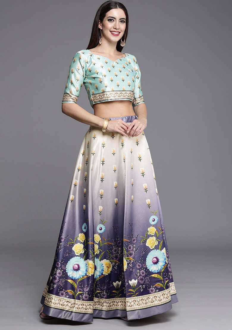 Purple Blend Satin Silk Lehenga Set with Digital Print for Diwali | Wedding & Festive Wear - Indya