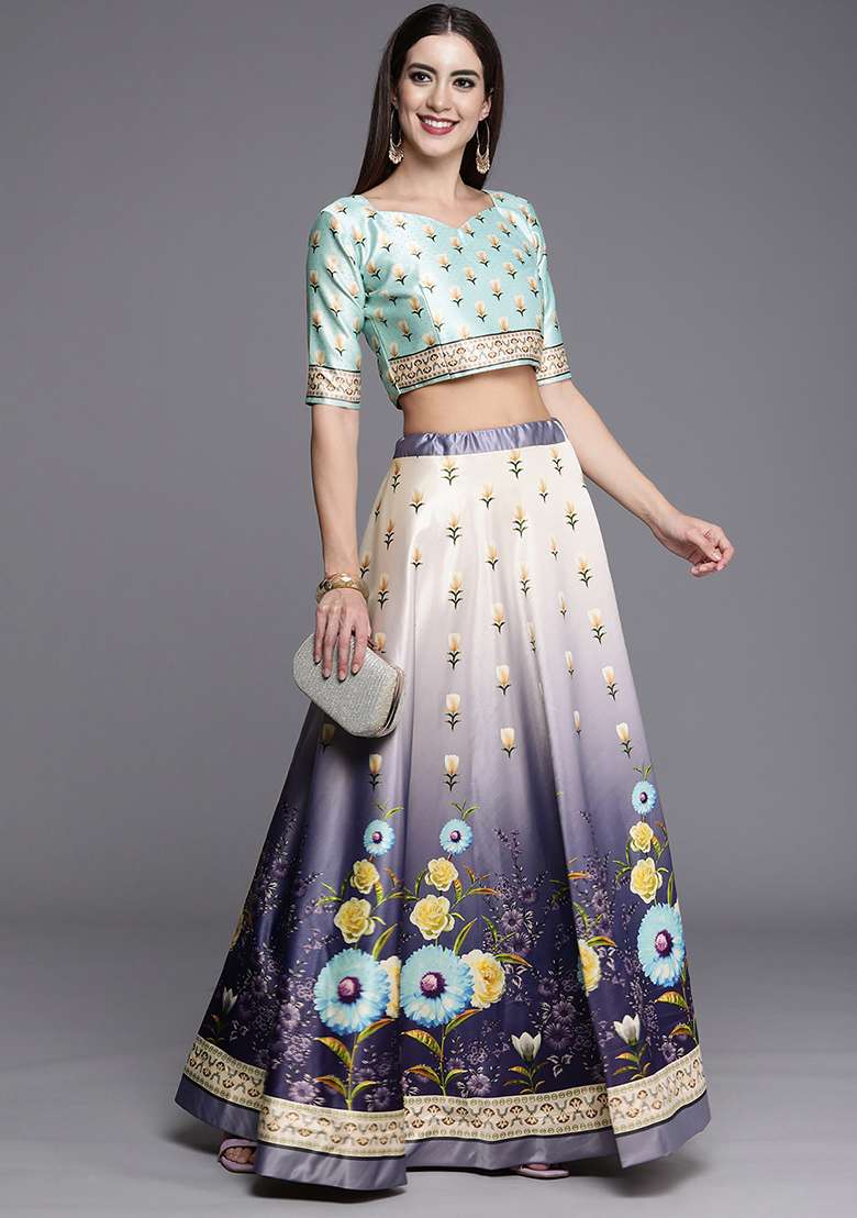 Purple Blend Satin Silk Lehenga Set with Digital Print for Diwali | Wedding & Festive Wear - Indya