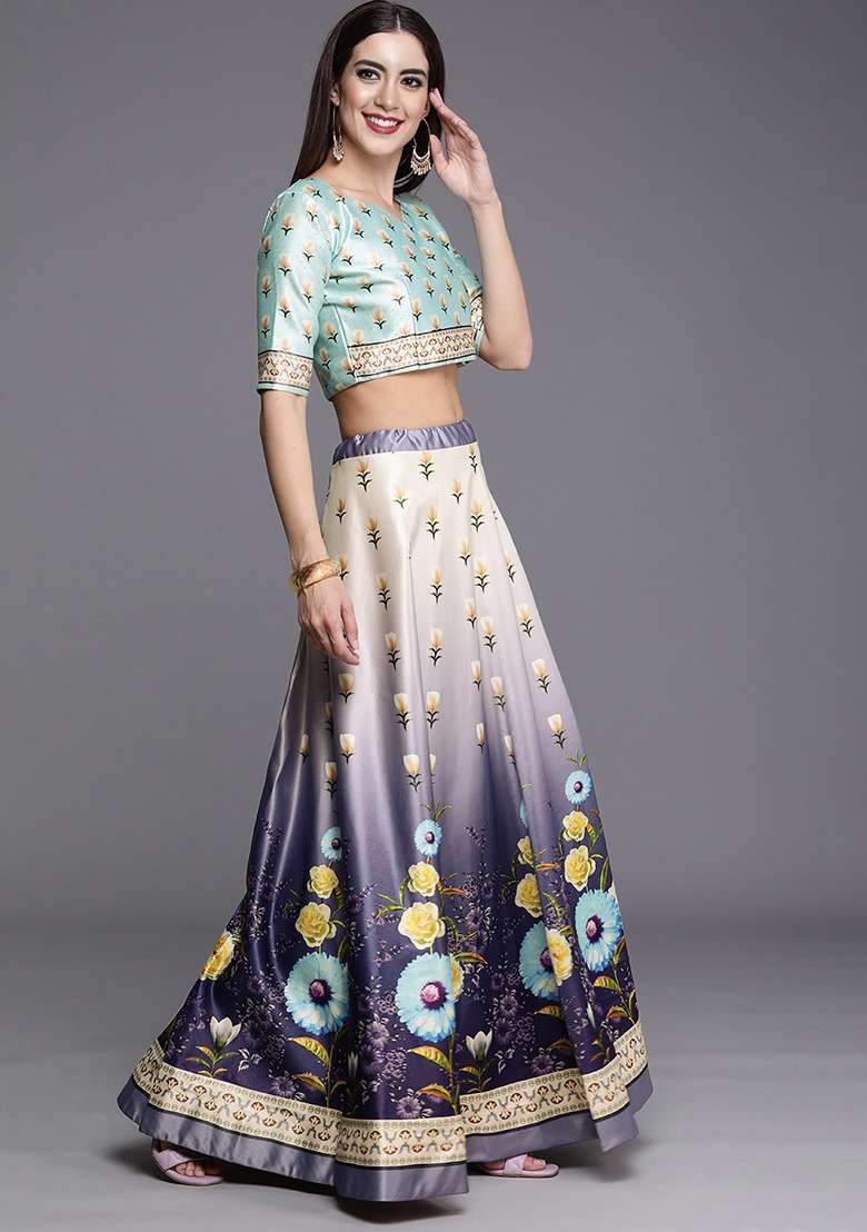 Purple Blend Satin Silk Lehenga Set with Digital Print for Diwali | Wedding & Festive Wear - Indya