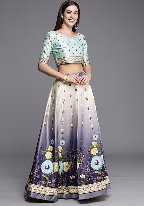 Purple Digital Print Satin Silk Lehenga Set