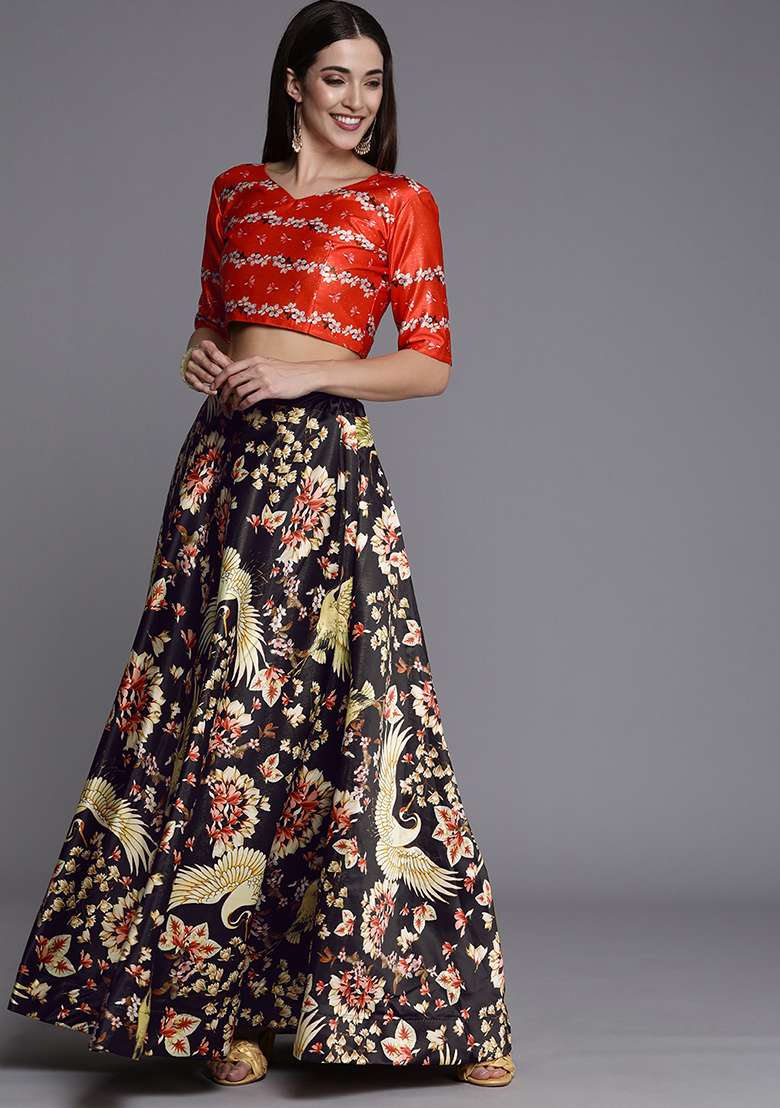 Black Printed Satin Lehenga Set for Diwali and Festive Wear - Indya