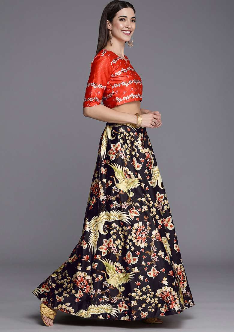 Black Printed Satin Lehenga Set for Diwali and Festive Wear - Indya