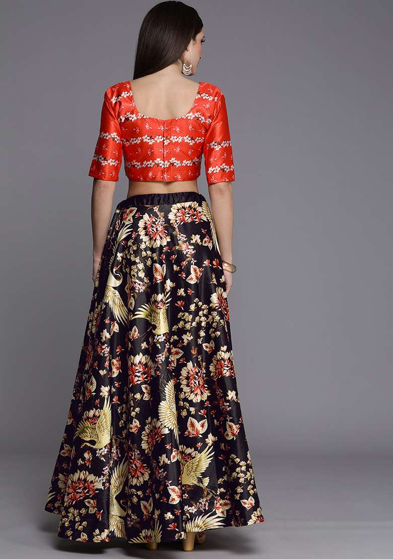 Black Printed Satin Lehenga Set for Diwali and Festive Wear - Indya