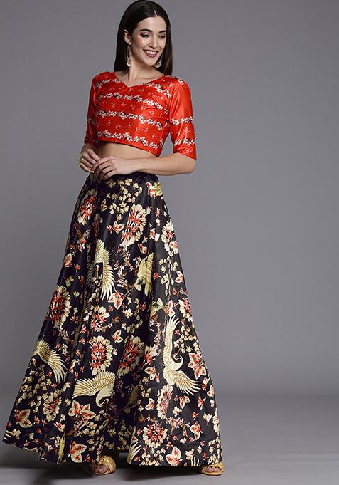 Black Printed Satin Lehenga Set