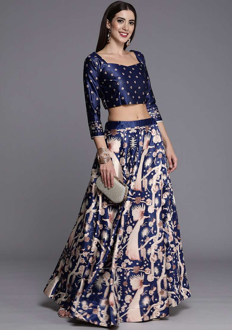 Blue Blend Satin Silk Lehenga Set with Digital Print for Diwali | Wedding & Festive Wear - Indya