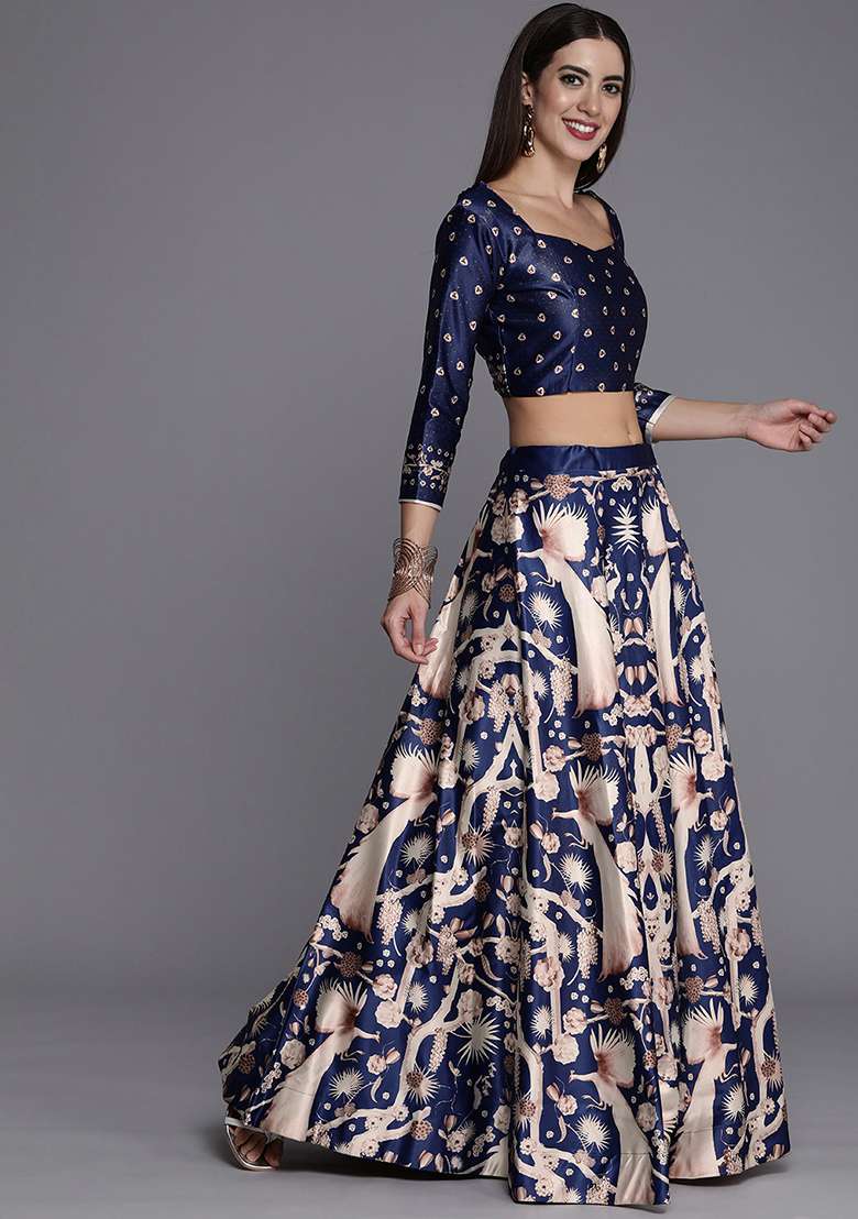 Blue Blend Satin Silk Lehenga Set with Digital Print for Diwali | Wedding & Festive Wear - Indya