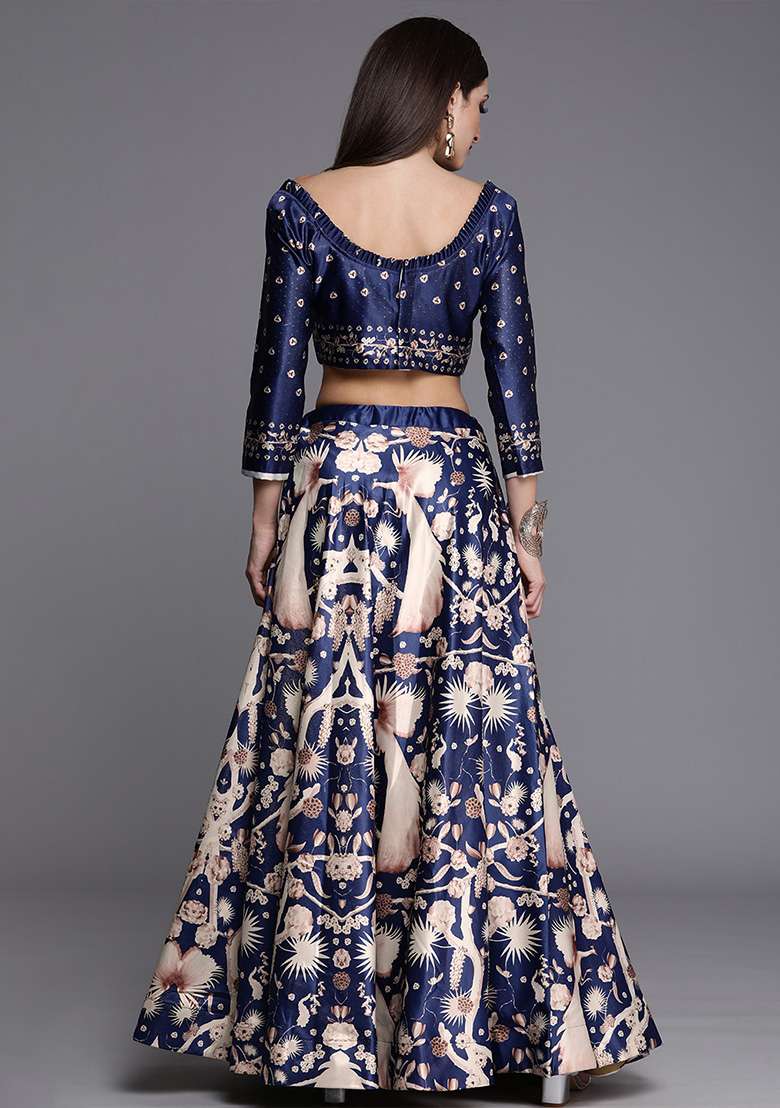 Blue Blend Satin Silk Lehenga Set with Digital Print for Diwali | Wedding & Festive Wear - Indya
