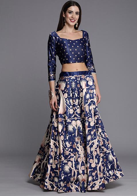 Blue Digital Print Satin Silk Lehenga Set