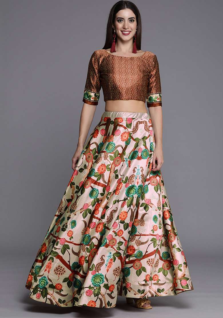 Grey Blend Satin Silk Lehenga Set with Digital Print for Diwali | Wedding & Festive Wear - Indya