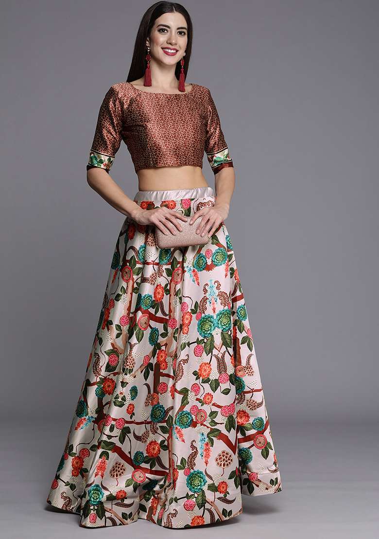 Grey Blend Satin Silk Lehenga Set with Digital Print for Diwali | Wedding & Festive Wear - Indya