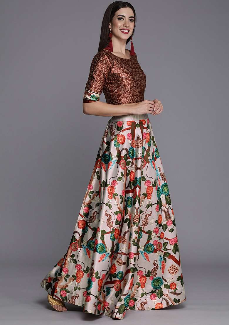 Grey Blend Satin Silk Lehenga Set with Digital Print for Diwali | Wedding & Festive Wear - Indya