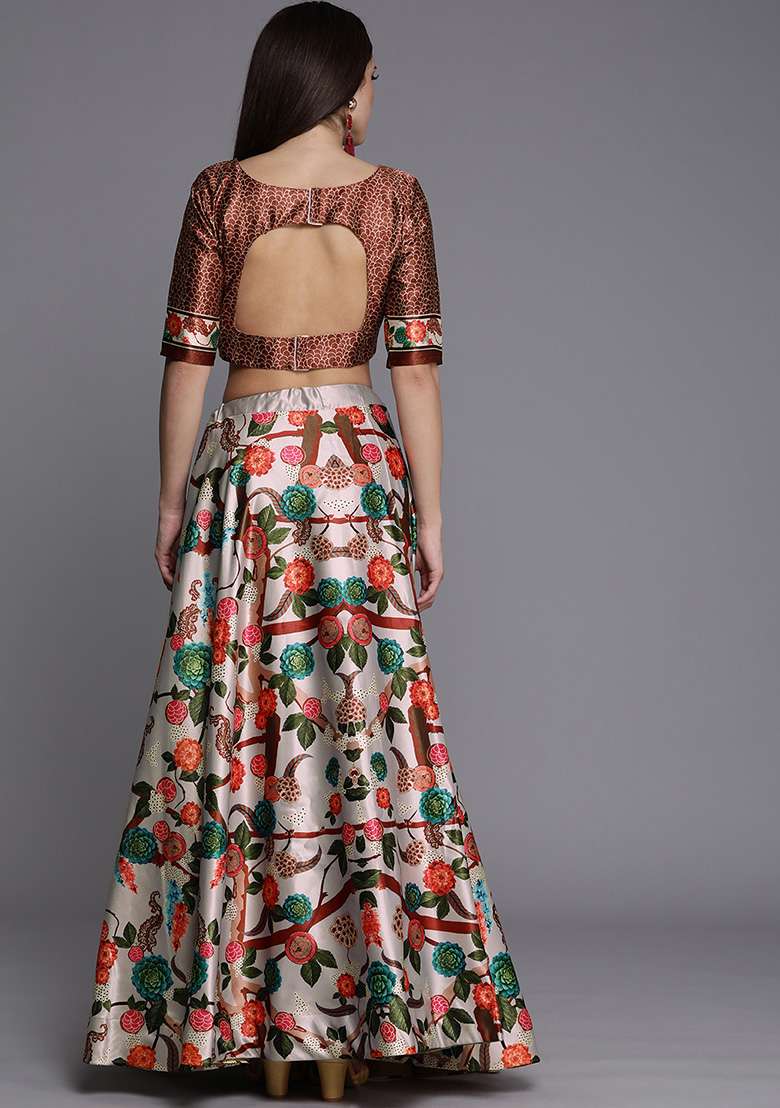 Grey Blend Satin Silk Lehenga Set with Digital Print for Diwali | Wedding & Festive Wear - Indya