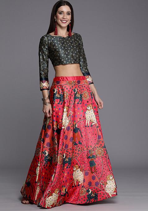 Pink Digital Print Satin Silk Lehenga Set