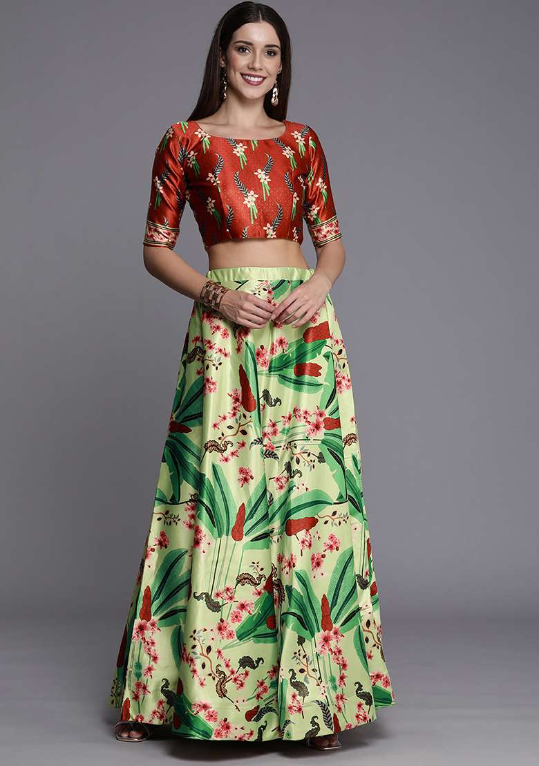 Olive Digital Print Satin Silk Blend Lehenga Set for Diwali and Festive Wear - Indya