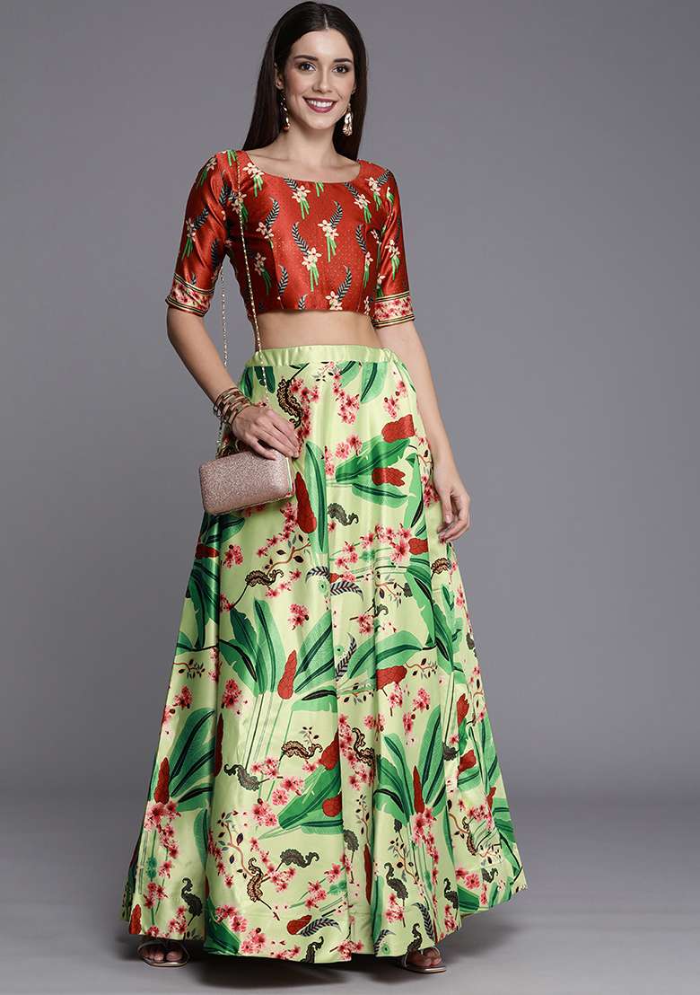Olive Digital Print Satin Silk Blend Lehenga Set for Diwali and Festive Wear - Indya