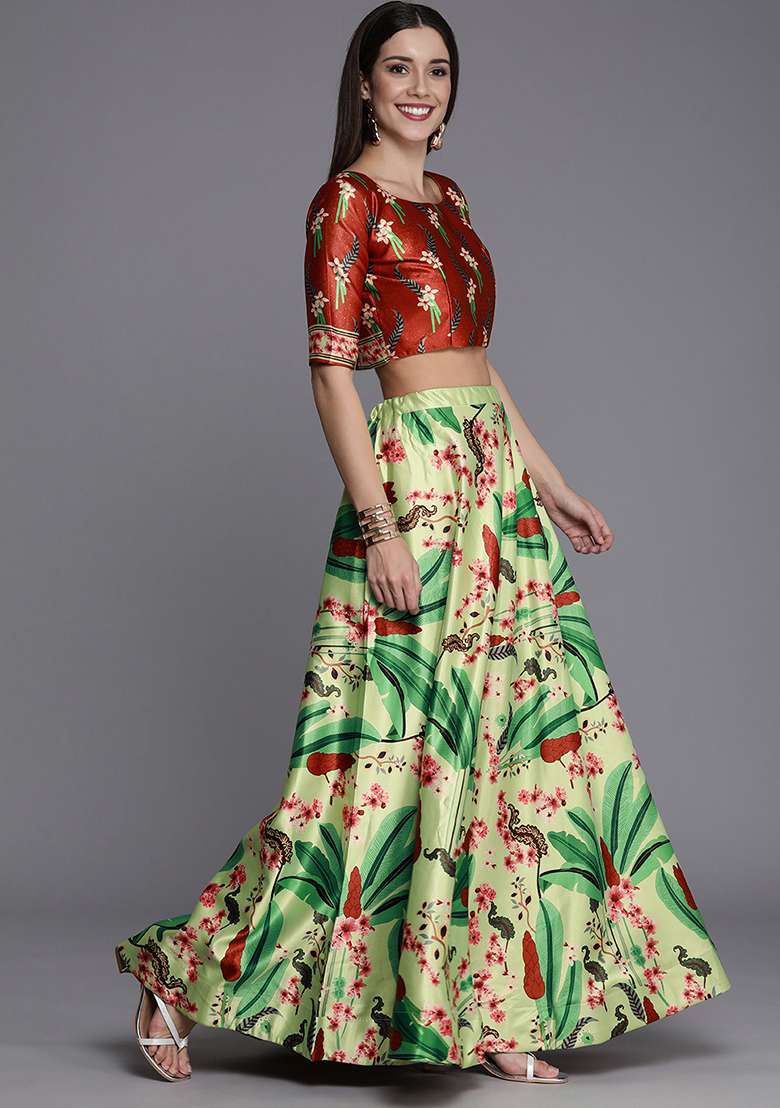 Olive Digital Print Satin Silk Blend Lehenga Set for Diwali and Festive Wear - Indya