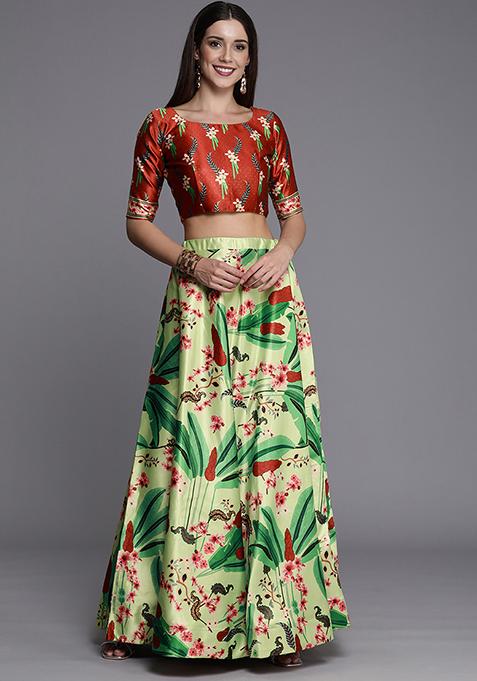 Olive Digital Print Satin Silk Lehenga Set