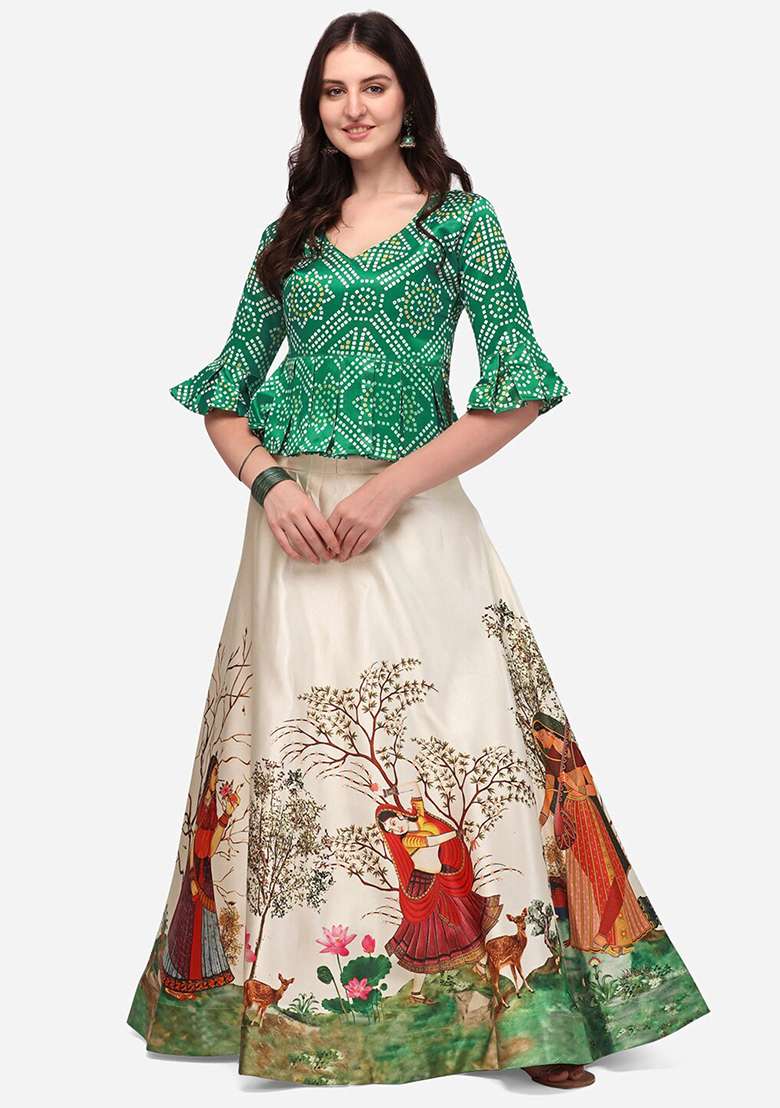 Green Blend Satin Silk Lehenga Set with Digital Print for Diwali | Wedding & Festive Wear - Indya
