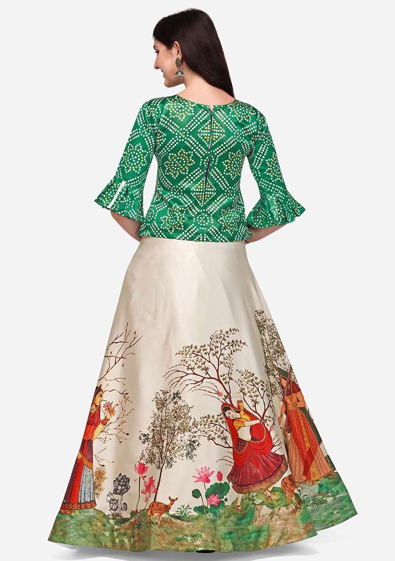 Green Blend Satin Silk Lehenga Set with Digital Print for Diwali | Wedding & Festive Wear - Indya