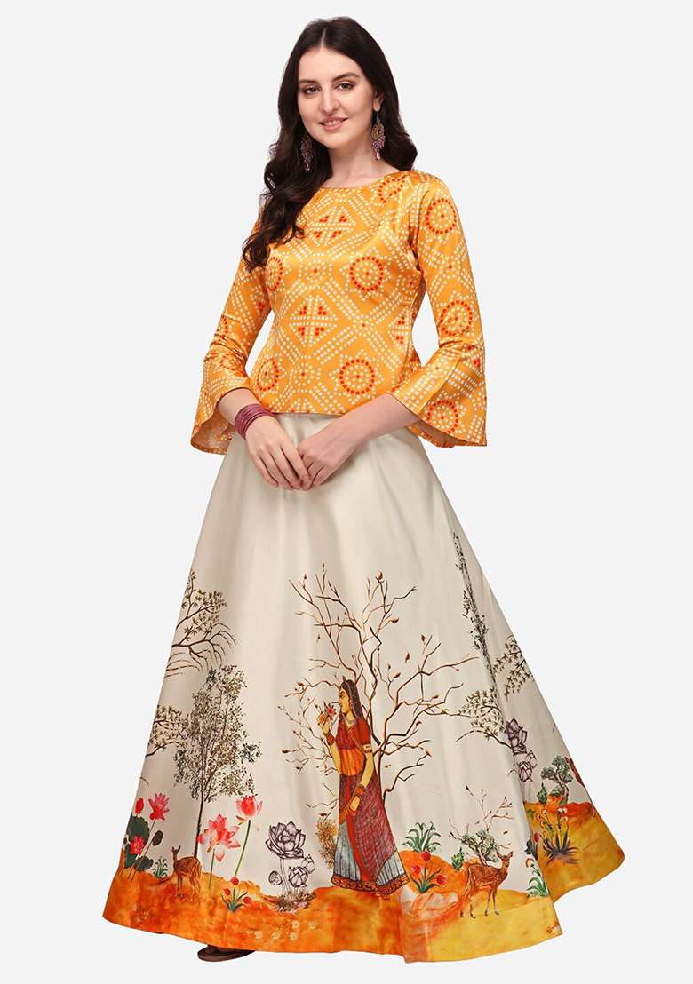 Yellow Satin Lehenga Set with Digital Print for Diwali | Wedding & Festive Wear - Indya