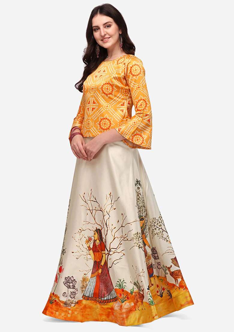 Yellow Satin Lehenga Set with Digital Print for Diwali | Wedding & Festive Wear - Indya