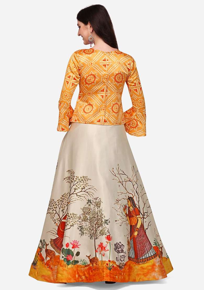 Yellow Satin Lehenga Set with Digital Print for Diwali | Wedding & Festive Wear - Indya