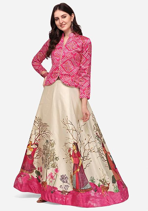 Pink Digital Print Satin Lehenga Set