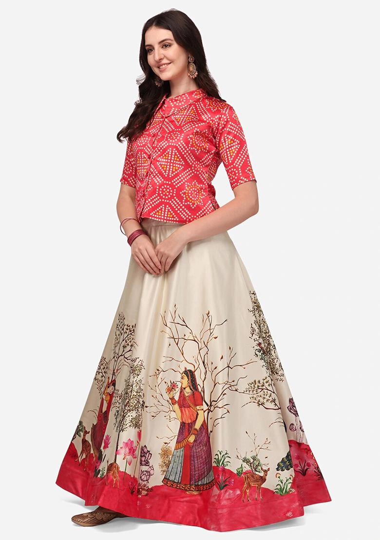 Red Digital Print Satin Lehenga Set