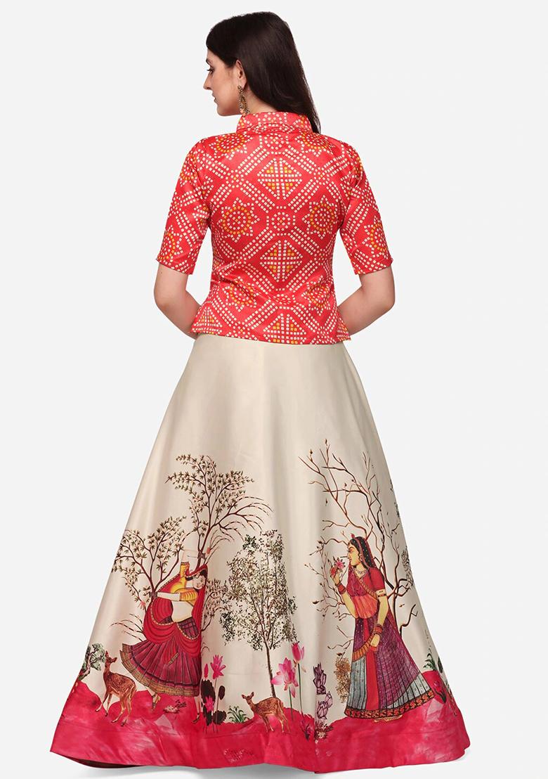 Red Digital Print Satin Lehenga Set