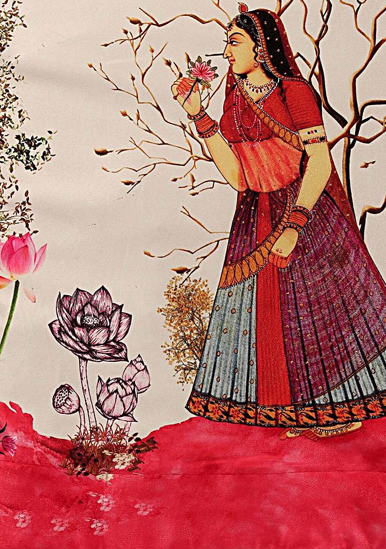 Red Digital Print Satin Lehenga Set