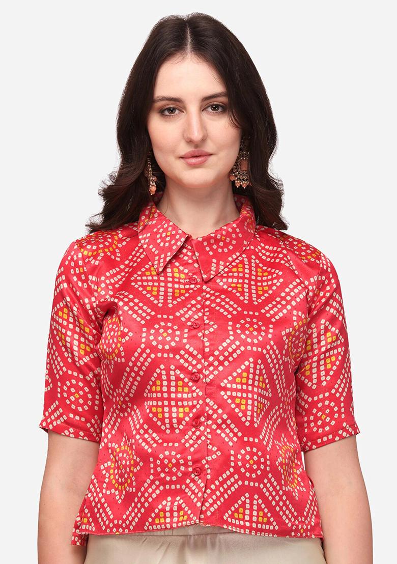 Red Digital Print Satin Lehenga Set